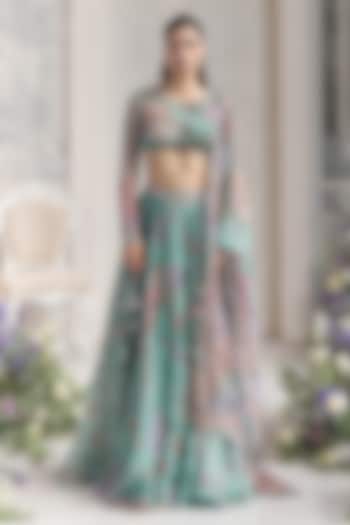 Jade Green Silk Organza Floral Printed Wedding Lehenga Set by Mahima Mahajan at Pernia's Pop Up Shop