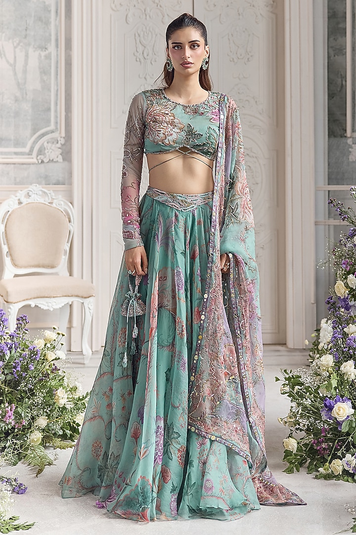 Jade Green Silk Organza Floral Printed Wedding Lehenga Set by Mahima Mahajan at Pernia's Pop Up Shop