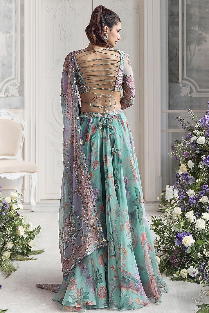 Jade Green Silk Organza Floral Printed Wedding Lehenga Set by Mahima Mahajan at Pernia's Pop Up Shop