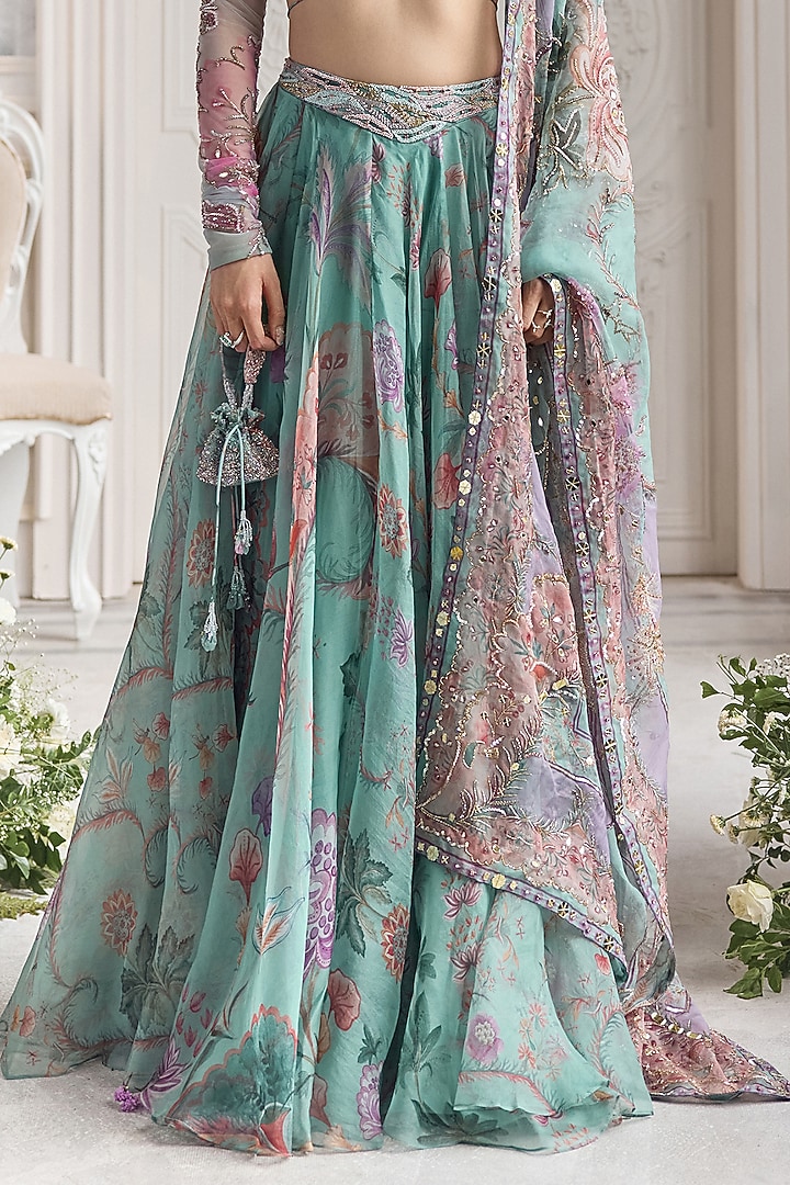 Jade Green Silk Organza Floral Printed Wedding Lehenga Set by Mahima Mahajan at Pernia's Pop Up Shop