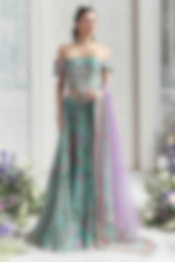 Jade Green Silk Organza Floral Printed Wedding Lehenga Set by Mahima Mahajan at Pernia's Pop Up Shop