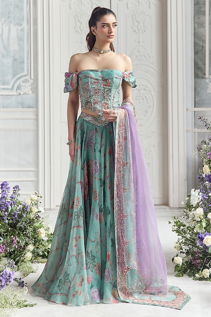 Jade Green Silk Organza Floral Printed Wedding Lehenga Set by Mahima Mahajan at Pernia's Pop Up Shop