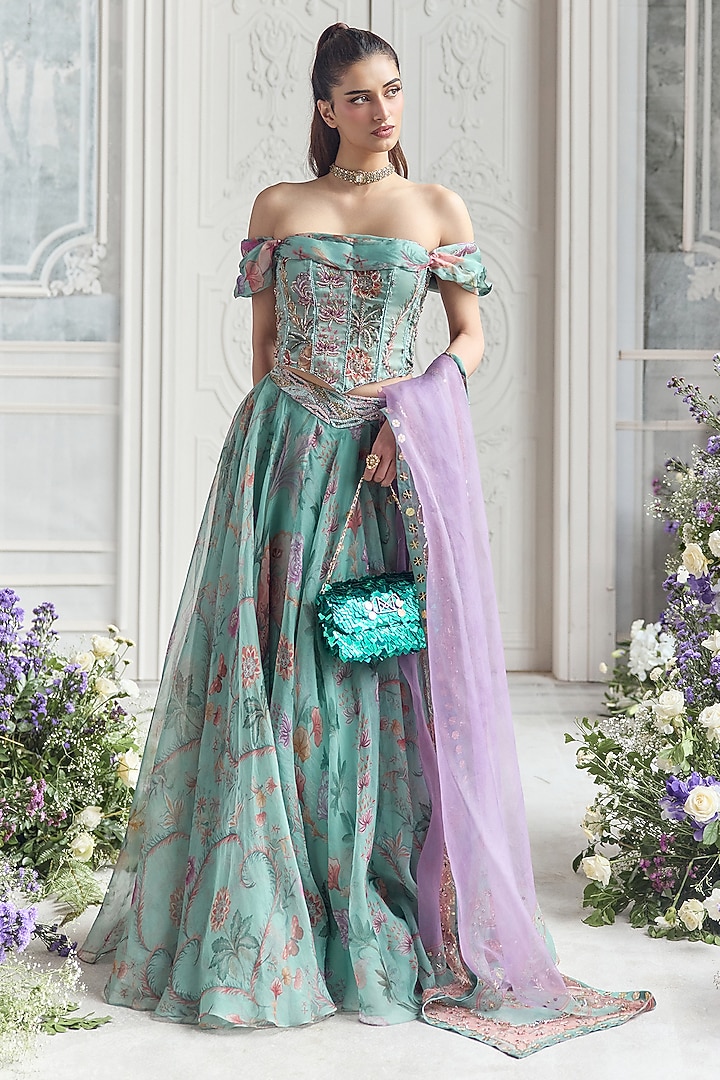 Jade Green Silk Organza Floral Printed Wedding Lehenga Set by Mahima Mahajan at Pernia's Pop Up Shop