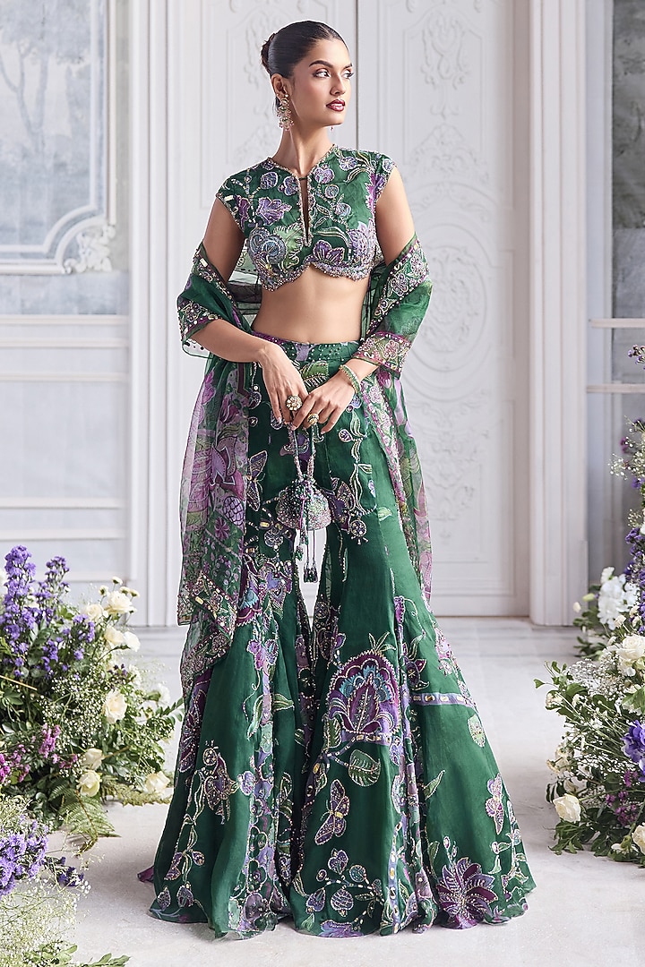 Forest Green Silk Organza Bridal Sharara Set by Mahima Mahajan at Pernia's Pop Up Shop
