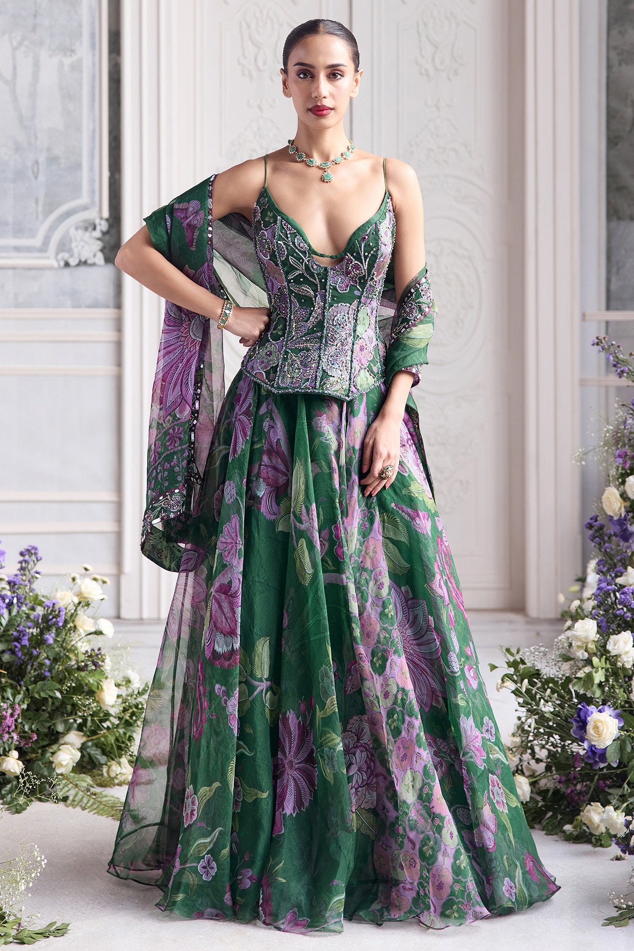 Mahima Mahajan Forest Green Silk Organza Floral Printed Lehenga Set