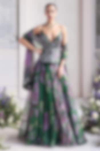 Forest Green Silk Organza Floral Printed Wedding Lehenga Set by Mahima Mahajan at Pernia's Pop Up Shop
