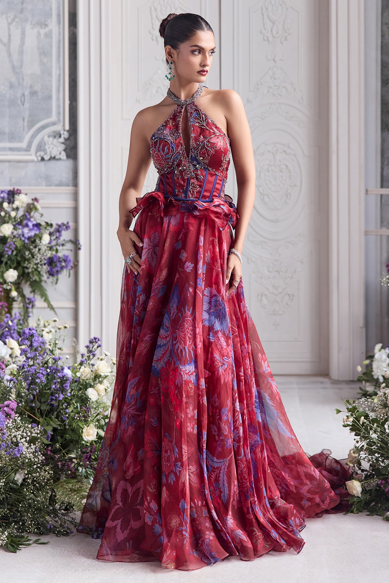 Mahima Mahajan Royal Red Silk Organza Floral Printed Lehenga Set