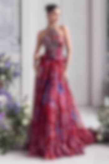 Royal Red Silk Organza Floral Printed Wedding Lehenga Set by Mahima Mahajan at Pernia's Pop Up Shop