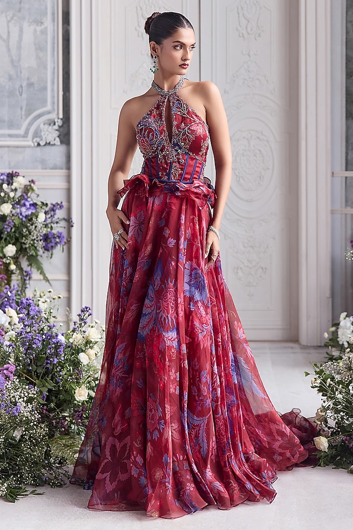 Royal Red Silk Organza Floral Printed Wedding Lehenga Set by Mahima Mahajan at Pernia's Pop Up Shop