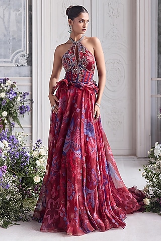 Royal Red Silk Organza Floral Printed Lehenga Set by Mahima Mahajan