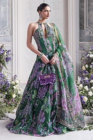 Forest Green Silk Organza Printed Lehenga Set by Mahima Mahajan