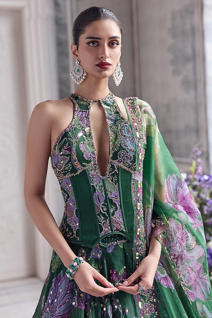 Forest Green Silk Organza Printed Bridal Lehenga Set by Mahima Mahajan at Pernia's Pop Up Shop