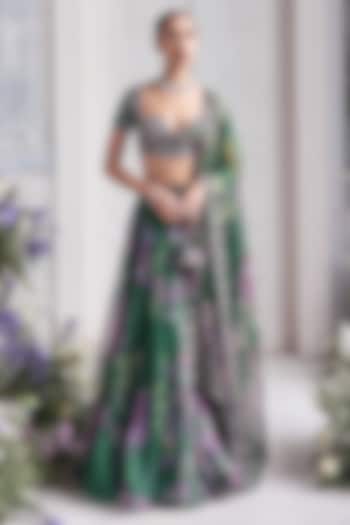 Forest Green Silk Organza Floral Printed Wedding Lehenga Set by Mahima Mahajan at Pernia's Pop Up Shop
