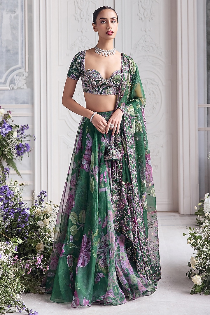 Forest Green Silk Organza Floral Printed Wedding Lehenga Set by Mahima Mahajan at Pernia's Pop Up Shop