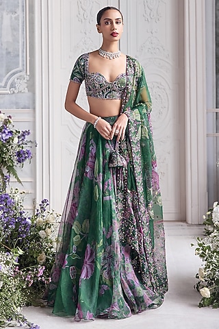 Forest Green Silk Organza Floral Printed Lehenga Set by Mahima Mahajan