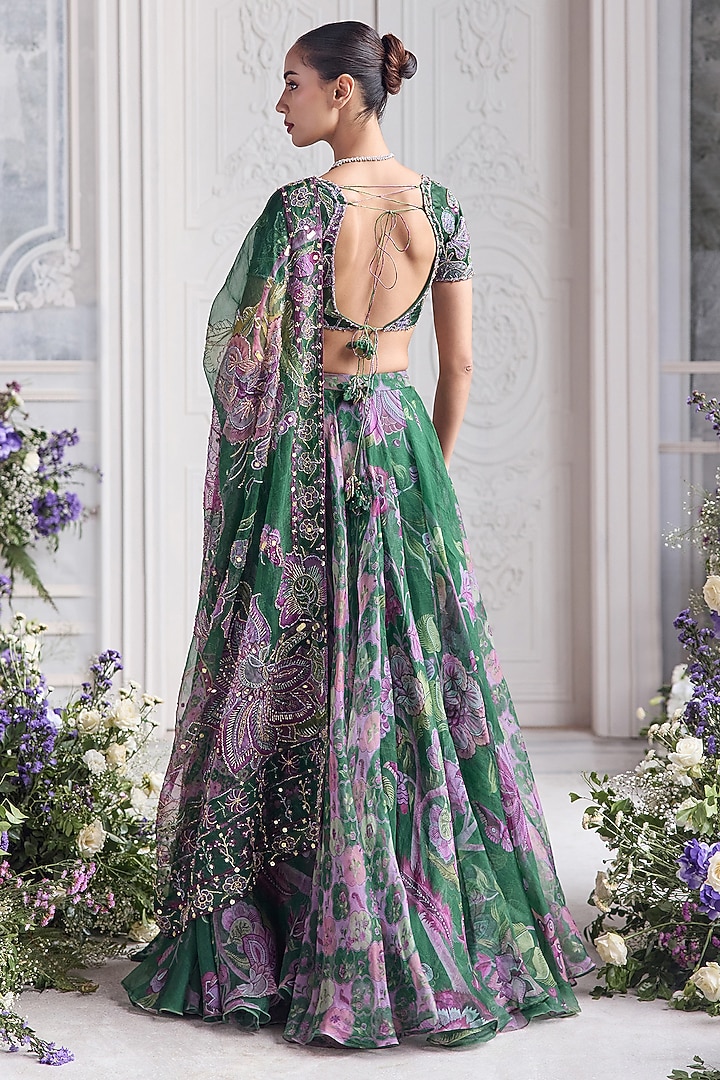 Forest Green Silk Organza Floral Printed Wedding Lehenga Set by Mahima Mahajan at Pernia's Pop Up Shop