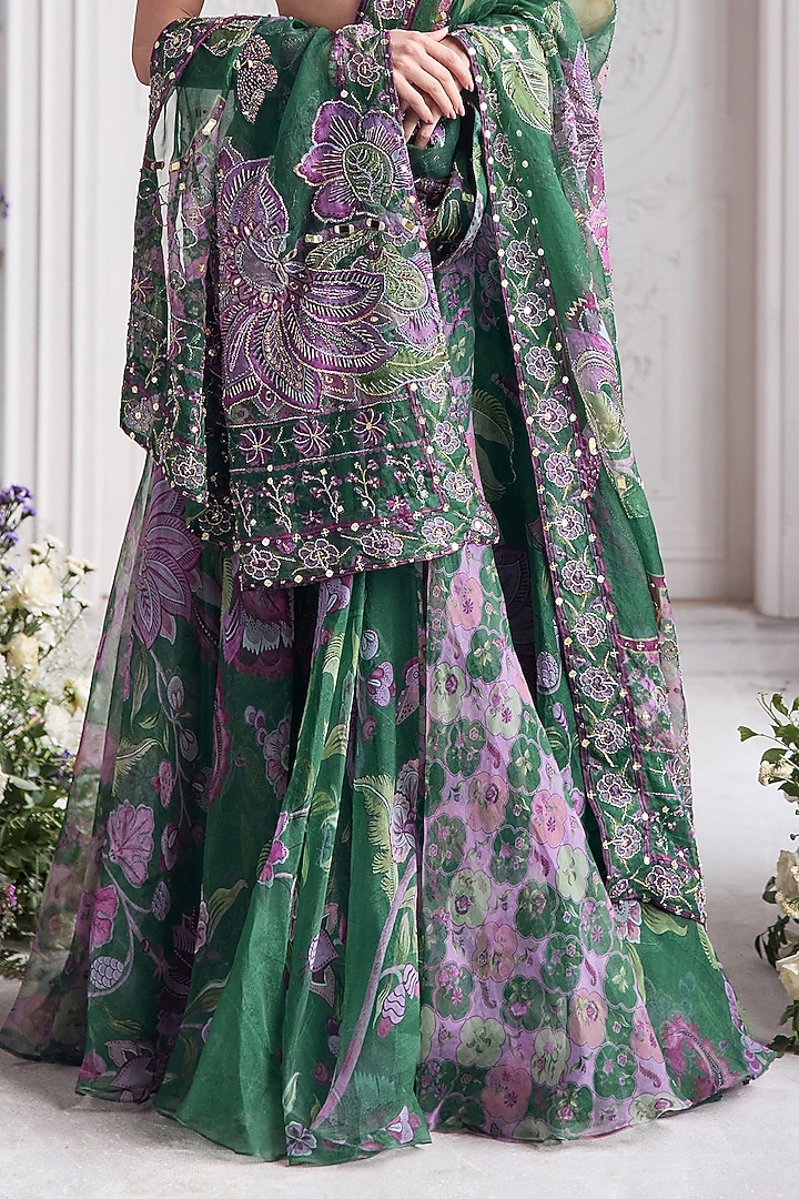 Forest Green Silk Organza Floral Printed Wedding Lehenga Set by Mahima Mahajan at Pernia's Pop Up Shop