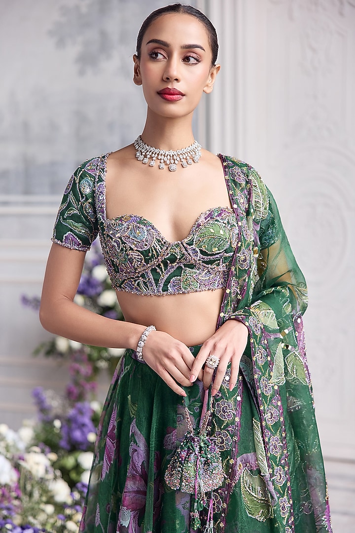 Forest Green Silk Organza Floral Printed Wedding Lehenga Set by Mahima Mahajan at Pernia's Pop Up Shop