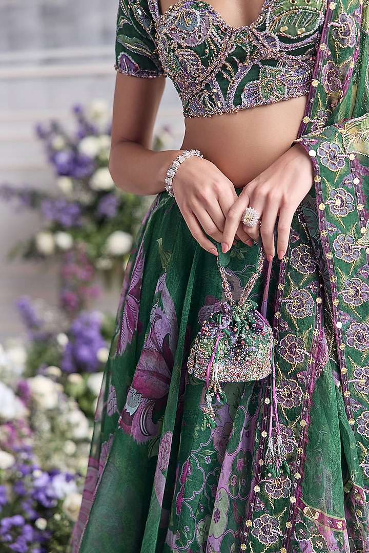 Forest Green Silk Organza Floral Printed Wedding Lehenga Set by Mahima Mahajan at Pernia's Pop Up Shop