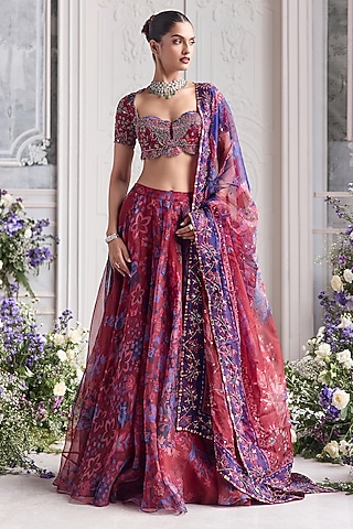 Royal Red Silk Organza Floral Printed Lehenga Set by Mahima Mahajan