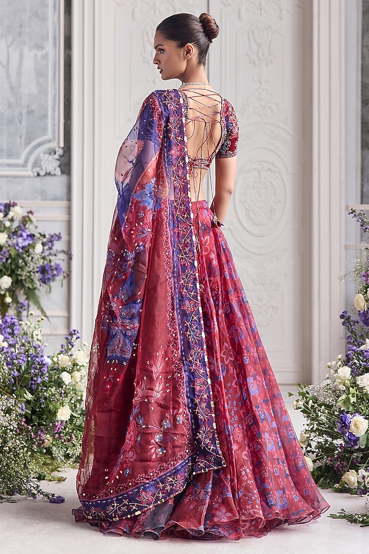 Royal Red Silk Organza Floral Printed Wedding Lehenga Set by Mahima Mahajan at Pernia's Pop Up Shop