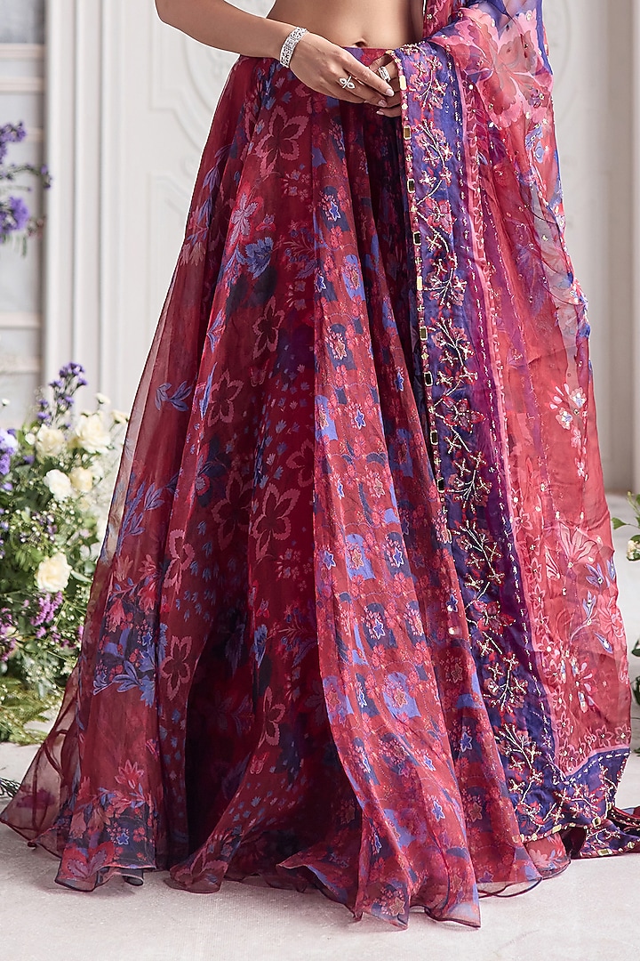 Royal Red Silk Organza Floral Printed Wedding Lehenga Set by Mahima Mahajan at Pernia's Pop Up Shop