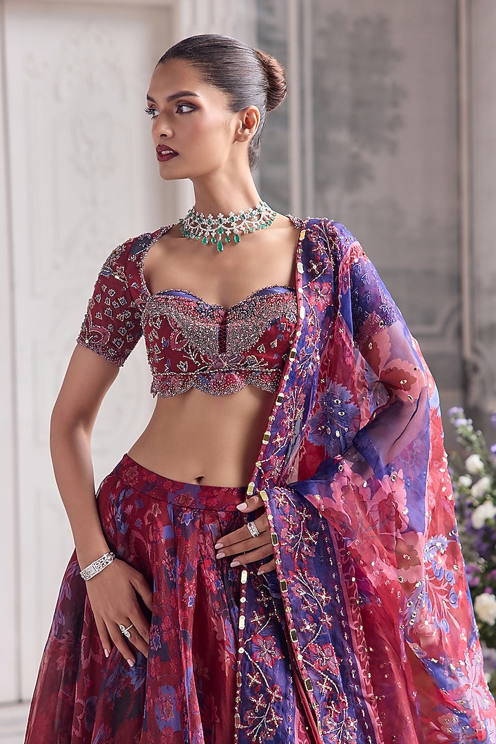 Royal Red Silk Organza Floral Printed Wedding Lehenga Set by Mahima Mahajan at Pernia's Pop Up Shop