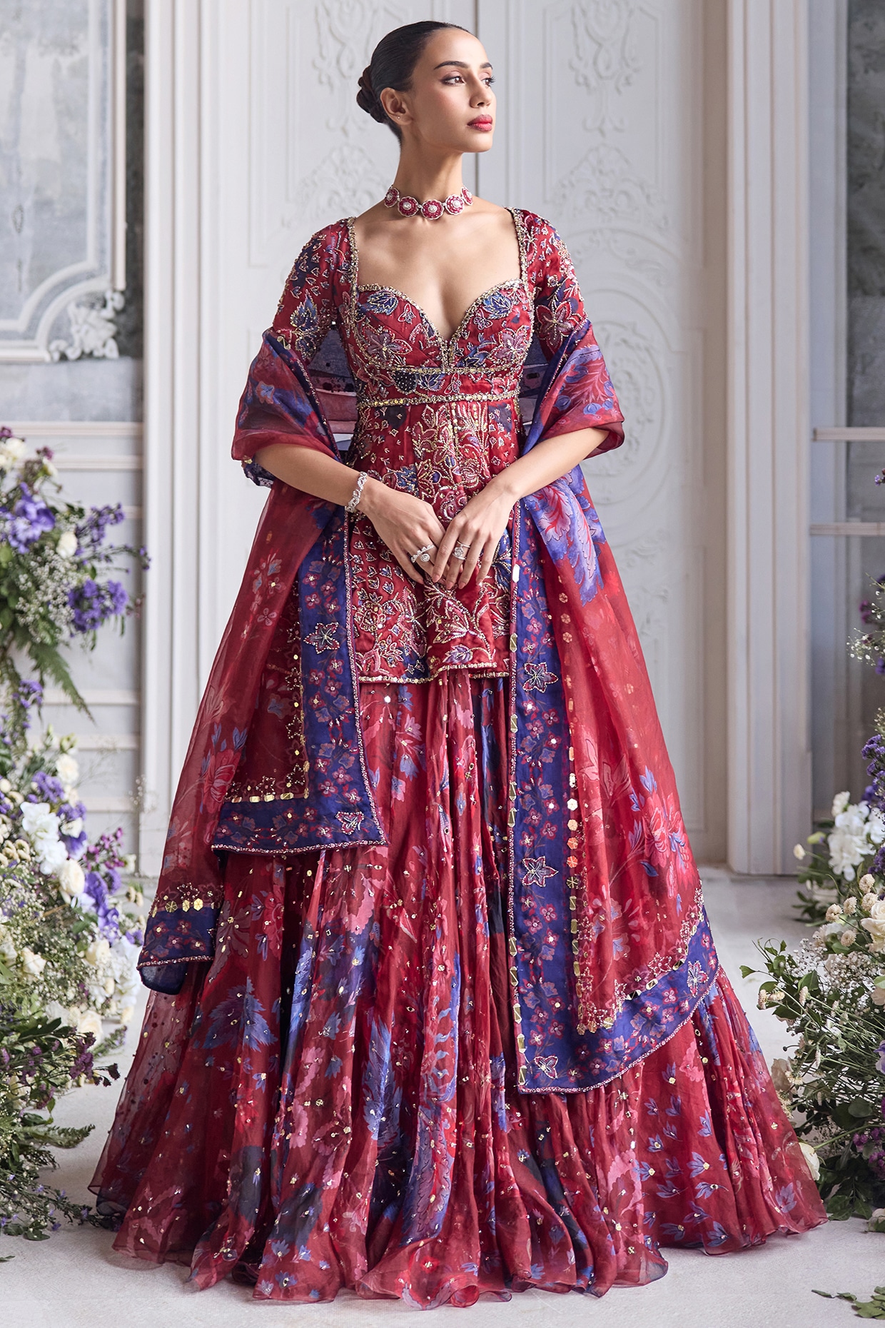 Mahima Mahajan Royal Red Silk Organza Embroidered & Printed Lehenga Set