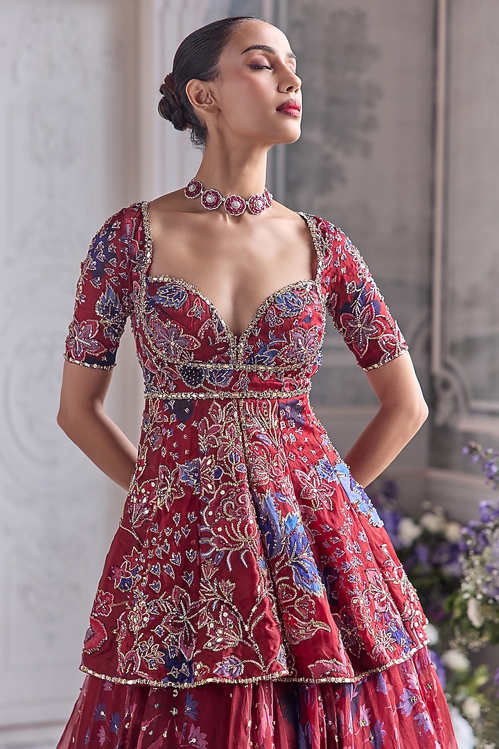 Royal Red Silk Organza Embroidered & Printed Bridal Lehenga Set by Mahima Mahajan at Pernia's Pop Up Shop