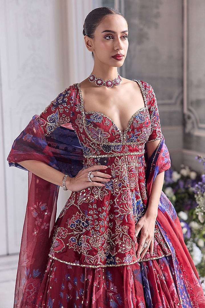 Royal Red Silk Organza Embroidered & Printed Bridal Lehenga Set by Mahima Mahajan at Pernia's Pop Up Shop