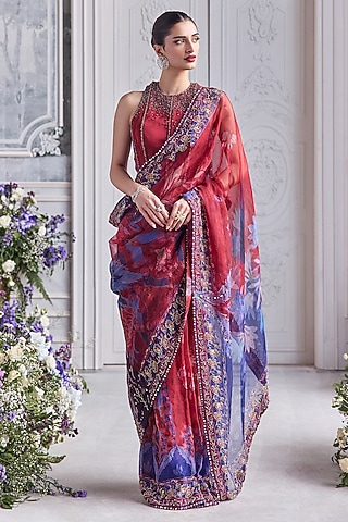 Royal Red Silk Organza Printed & Embroidered Pre-Draped Saree Set by Mahima Mahajan