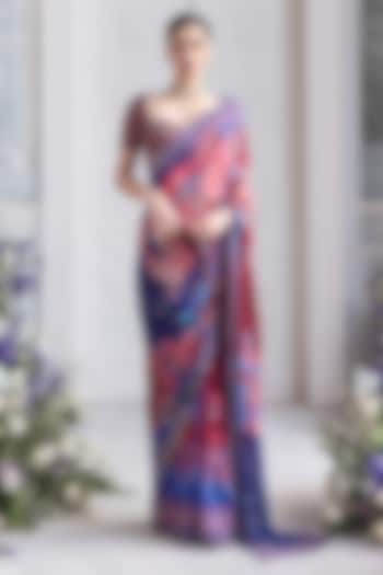 Royal Red Georgette Printed Pre-Draped Reception Saree Set by Mahima Mahajan at Pernia's Pop Up Shop