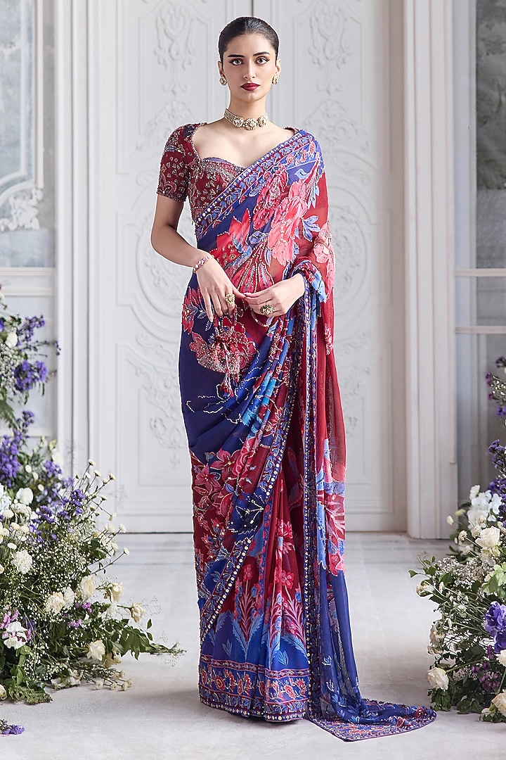 Royal Red Georgette Printed Pre-Draped Reception Saree Set by Mahima Mahajan at Pernia's Pop Up Shop