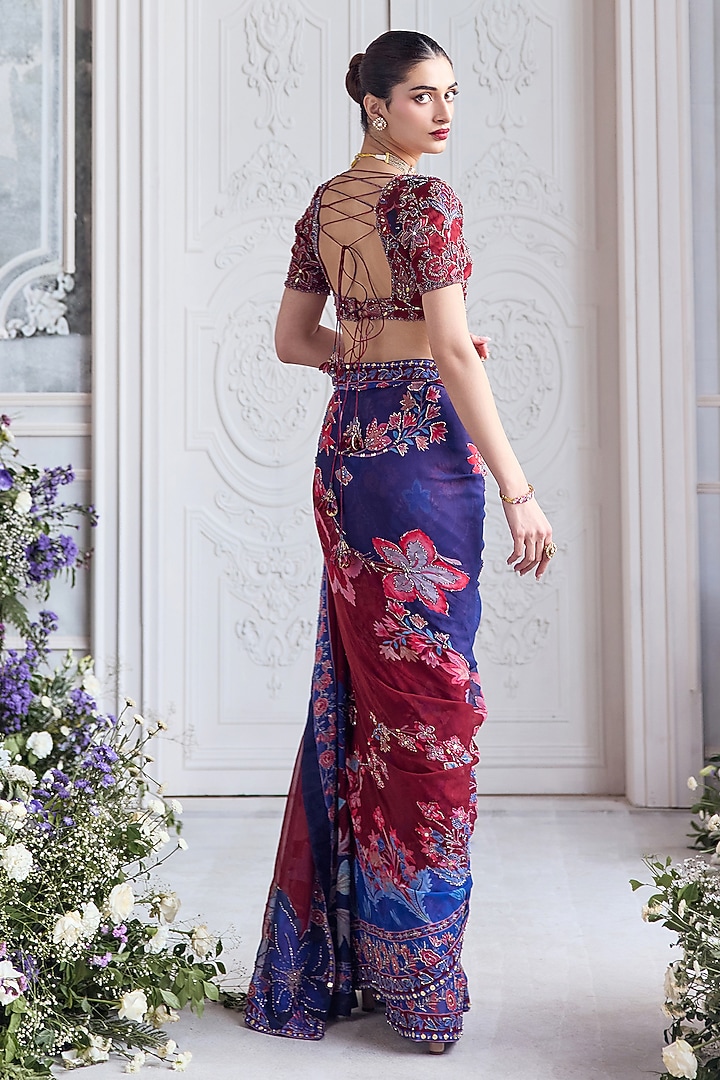 Royal Red Georgette Printed Pre-Draped Reception Saree Set by Mahima Mahajan at Pernia's Pop Up Shop