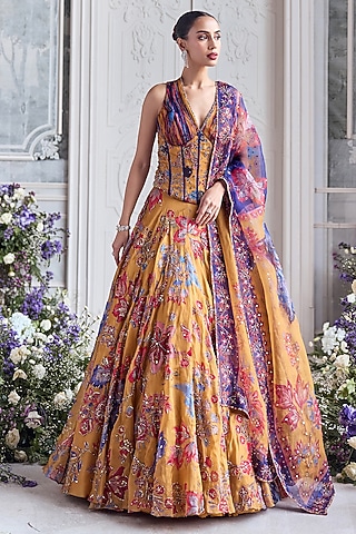 Amber Yellow Silk Organza Printed Lehenga Set by Mahima Mahajan