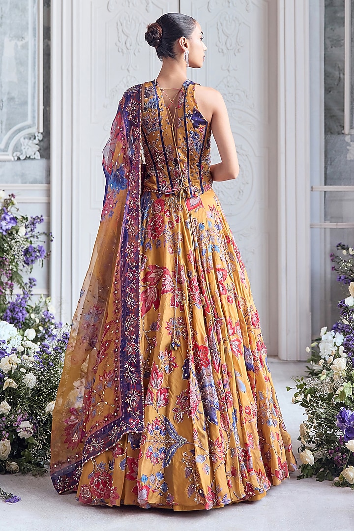 Amber Yellow Silk Organza Printed Bridal Lehenga Set by Mahima Mahajan at Pernia's Pop Up Shop