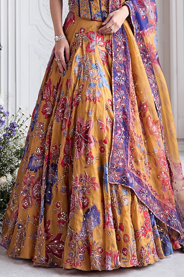 Amber Yellow Silk Organza Printed Bridal Lehenga Set by Mahima Mahajan at Pernia's Pop Up Shop