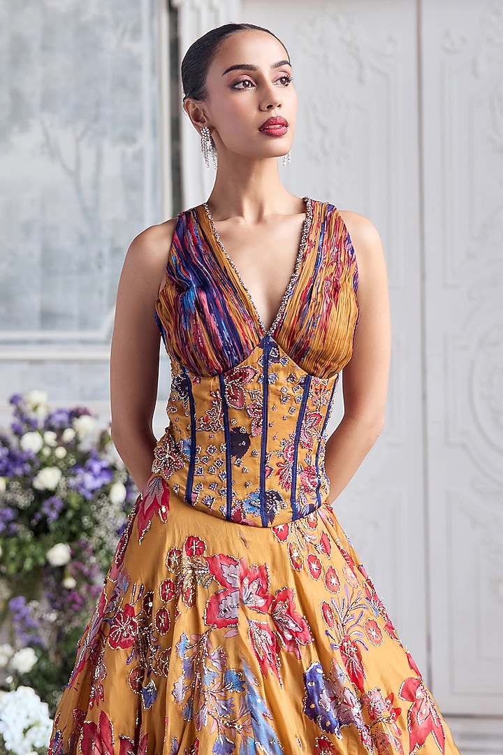 Amber Yellow Silk Organza Printed Bridal Lehenga Set by Mahima Mahajan at Pernia's Pop Up Shop