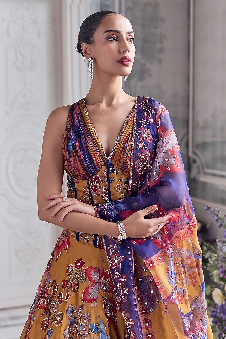 Amber Yellow Silk Organza Printed Bridal Lehenga Set by Mahima Mahajan at Pernia's Pop Up Shop