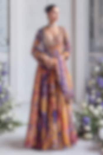 Amber Yellow Silk Organza Embroidered & Printed Bridal Anarkali Set by Mahima Mahajan at Pernia's Pop Up Shop