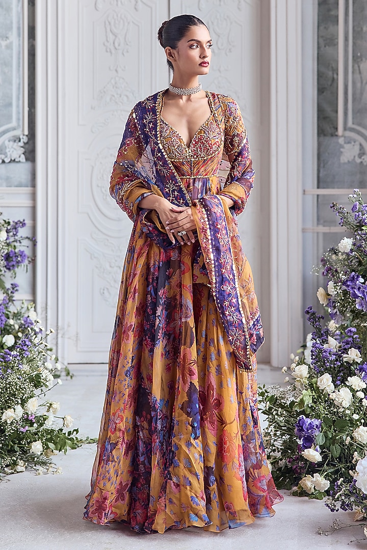 Amber Yellow Silk Organza Embroidered & Printed Bridal Anarkali Set by Mahima Mahajan at Pernia's Pop Up Shop