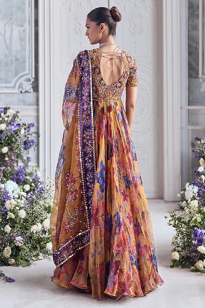 Amber Yellow Silk Organza Embroidered & Printed Bridal Anarkali Set by Mahima Mahajan at Pernia's Pop Up Shop