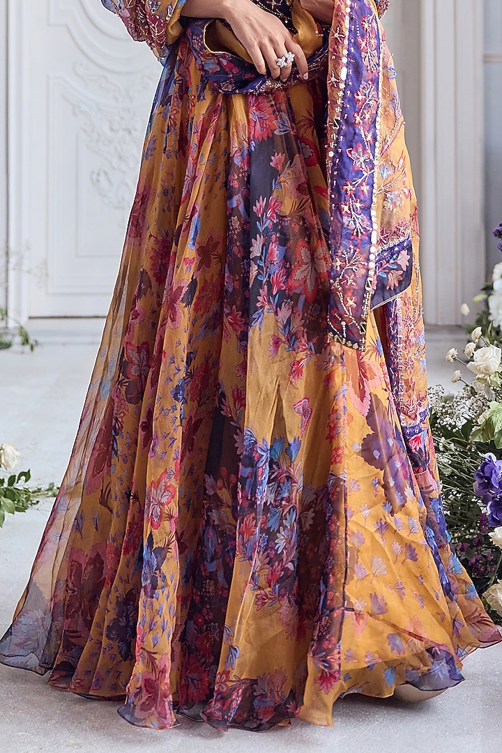 Amber Yellow Silk Organza Embroidered & Printed Bridal Anarkali Set by Mahima Mahajan at Pernia's Pop Up Shop