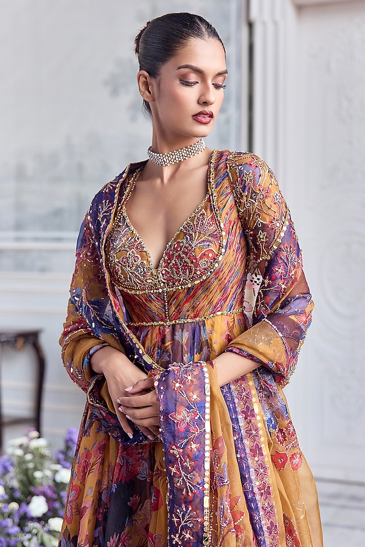 Amber Yellow Silk Organza Embroidered & Printed Bridal Anarkali Set by Mahima Mahajan at Pernia's Pop Up Shop
