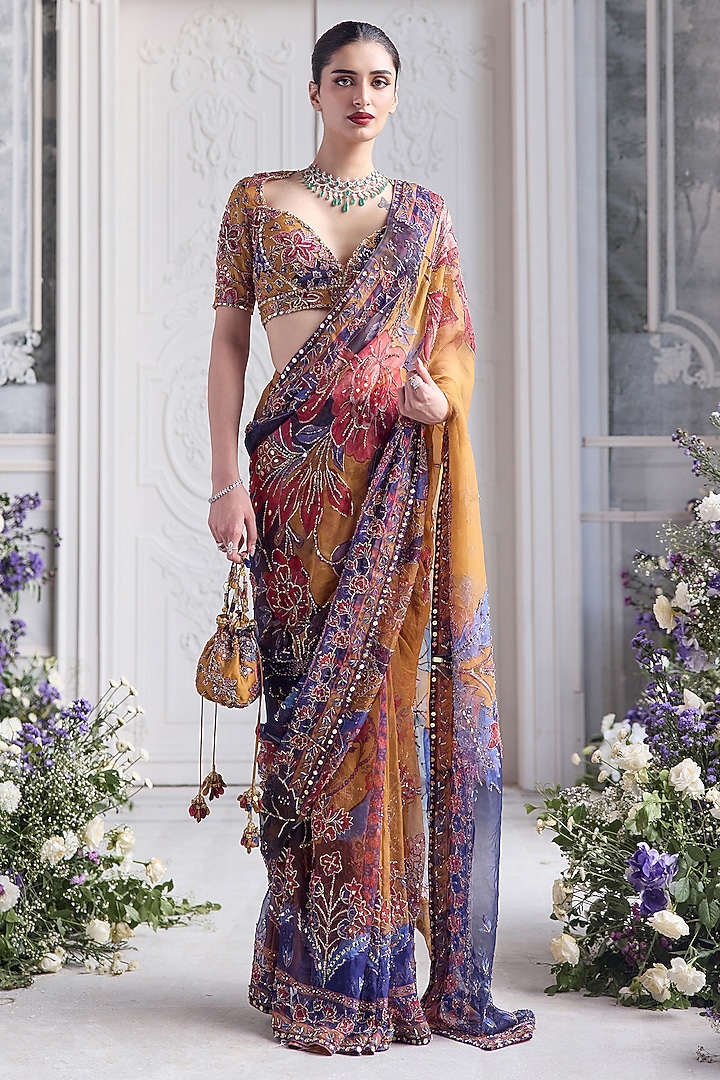 Amber Yellow Silk Organza Printed Pre-Draped Reception Saree Set by Mahima Mahajan at Pernia's Pop Up Shop