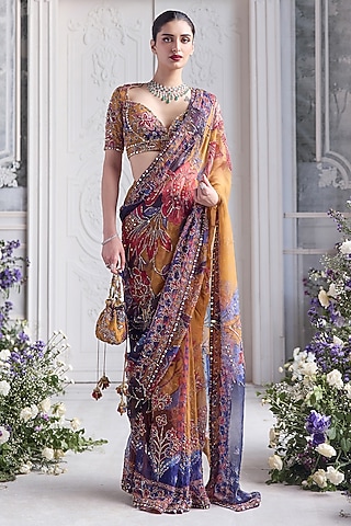 Amber Yellow Silk Organza Printed Pre-Draped Saree Set by Mahima Mahajan