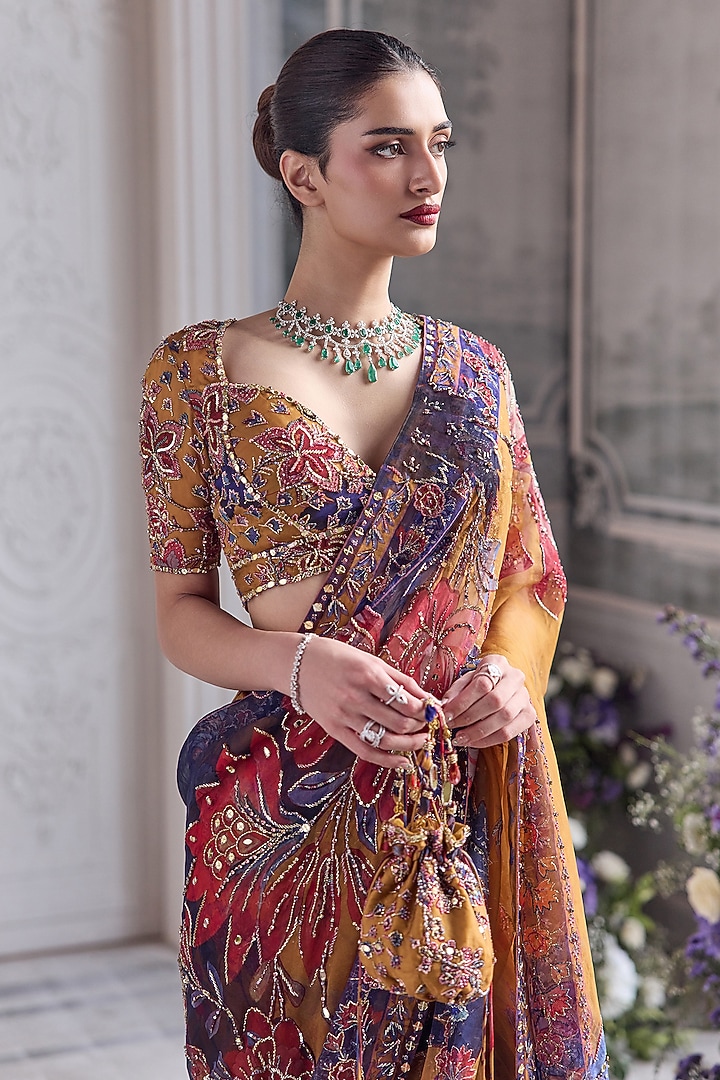 Amber Yellow Silk Organza Printed Pre-Draped Reception Saree Set by Mahima Mahajan at Pernia's Pop Up Shop