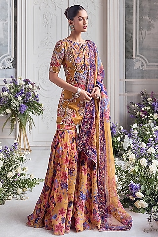 Amber Yellow Silk Organza Floral Printed Sharara Set by Mahima Mahajan