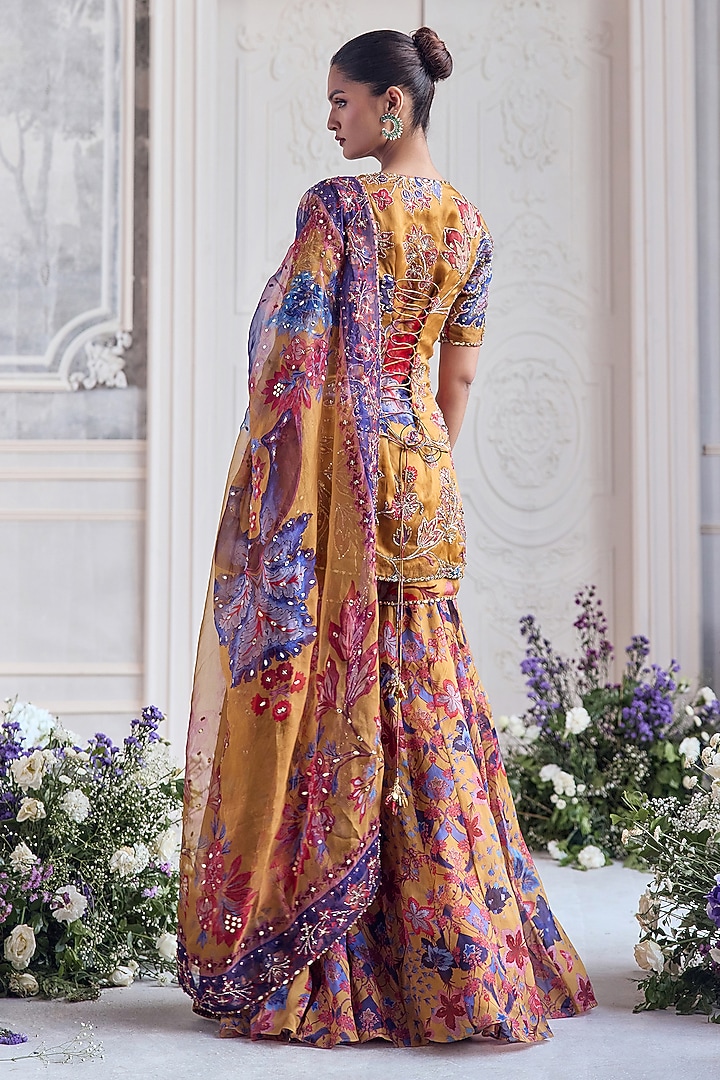 Amber Yellow Silk Organza Floral Printed Bridal Sharara Set by Mahima Mahajan at Pernia's Pop Up Shop