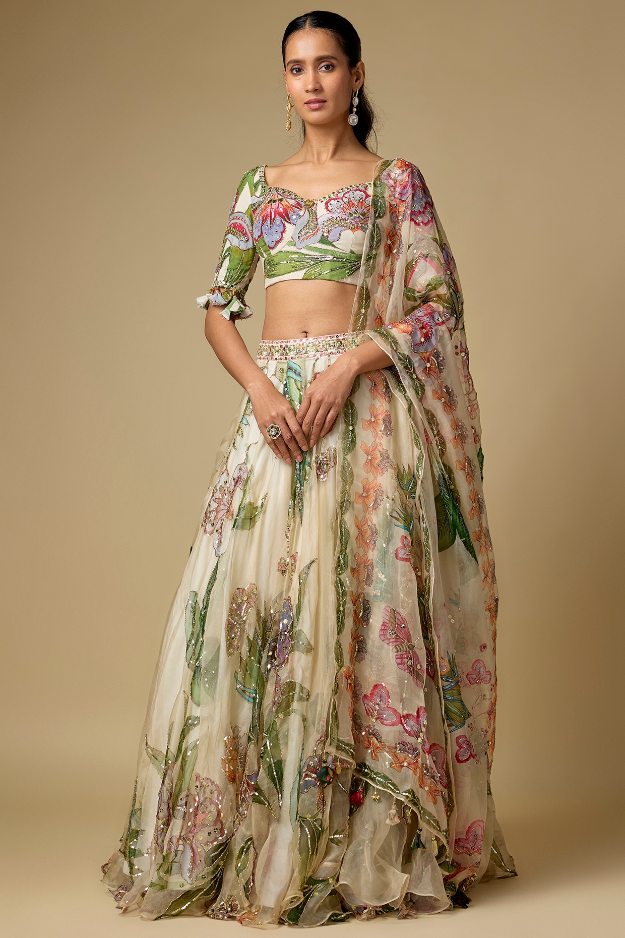 Mahima Mahajan Ivory Organza Printed & Embroidered Lehenga Set